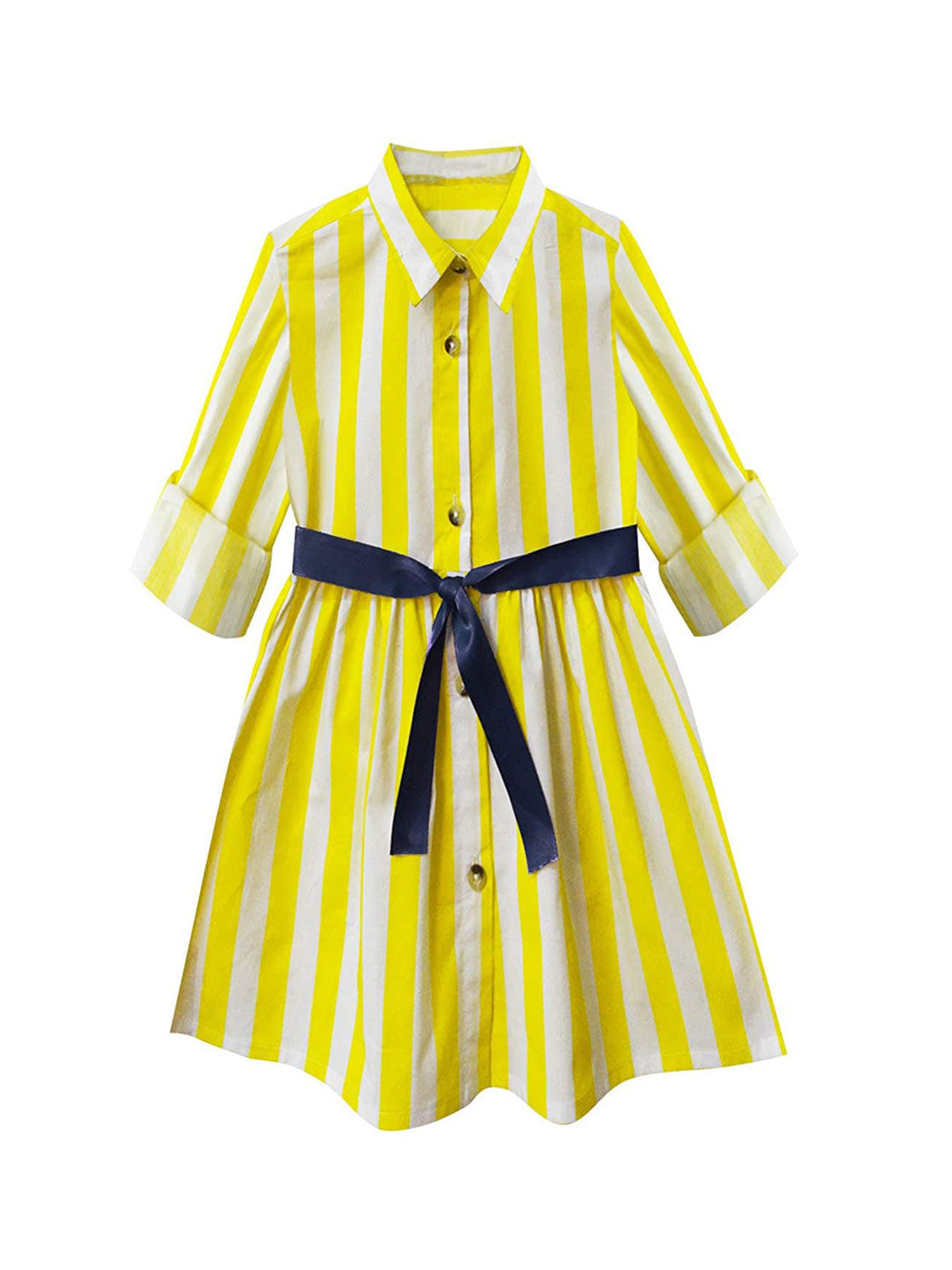 A T U N Yellow Striped Shirt Dress