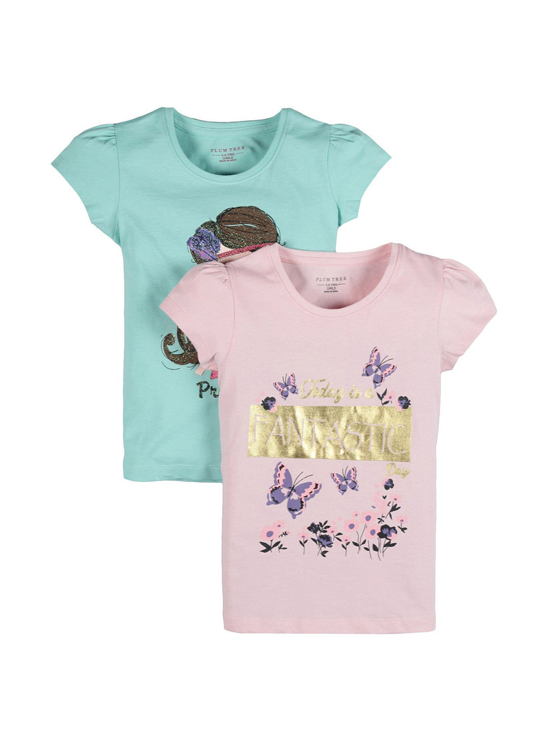 PLUM TREE Girls Multicoloured 2 Printed Raw Edge T-shirt