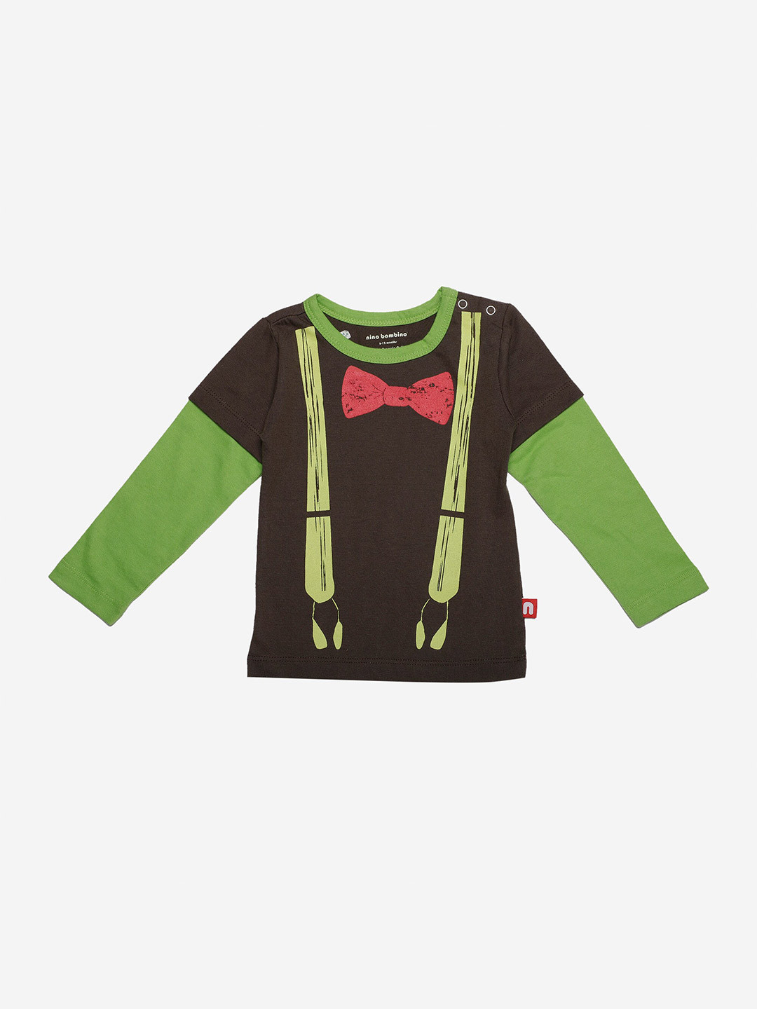 Nino Bambino Kids Brown & Green Printed Pure Organic Cotton T-shirt
