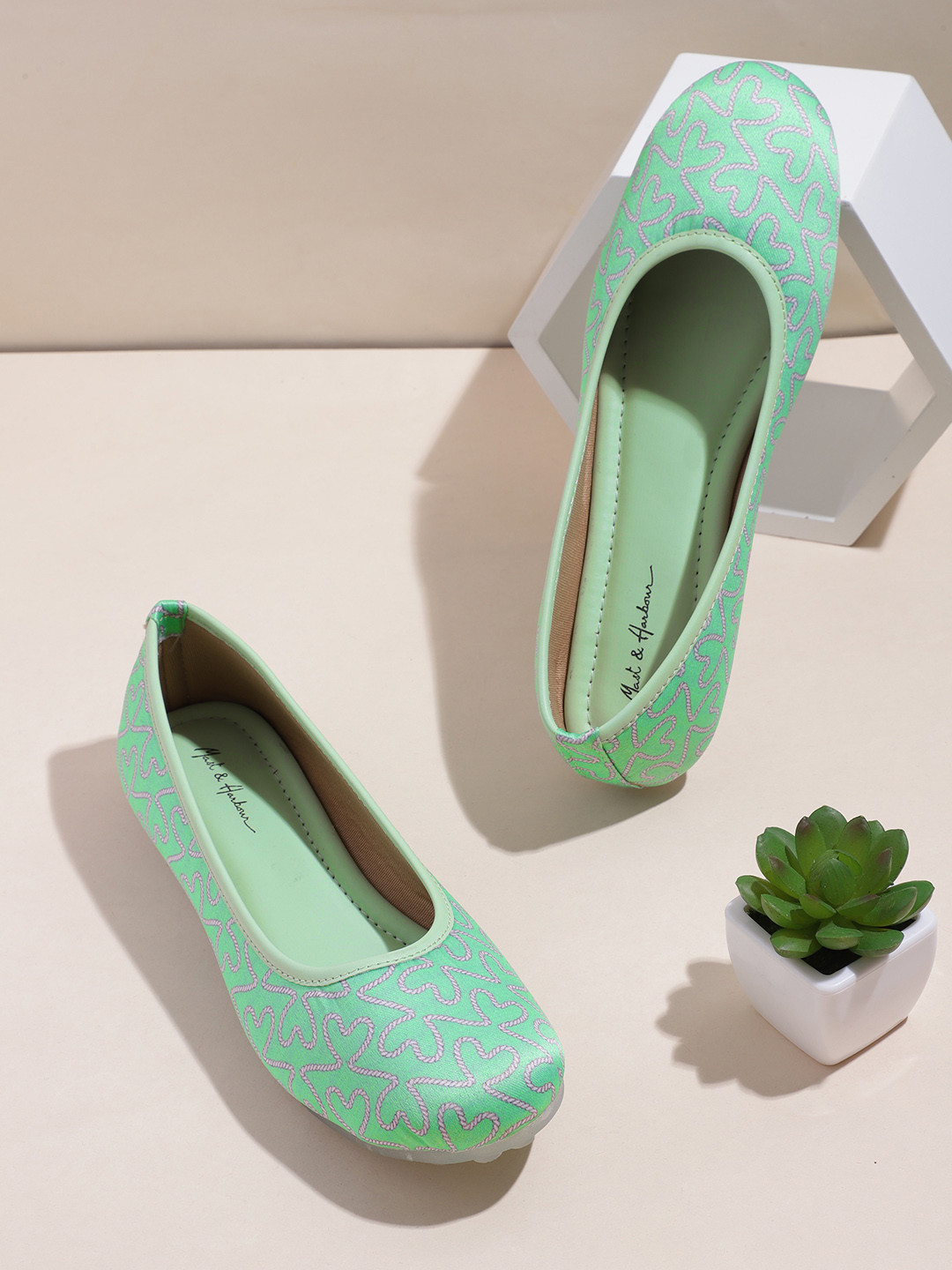 Mast & Harbour Women Sage Green & White Scarf Printed Satin Finish Ballerinas