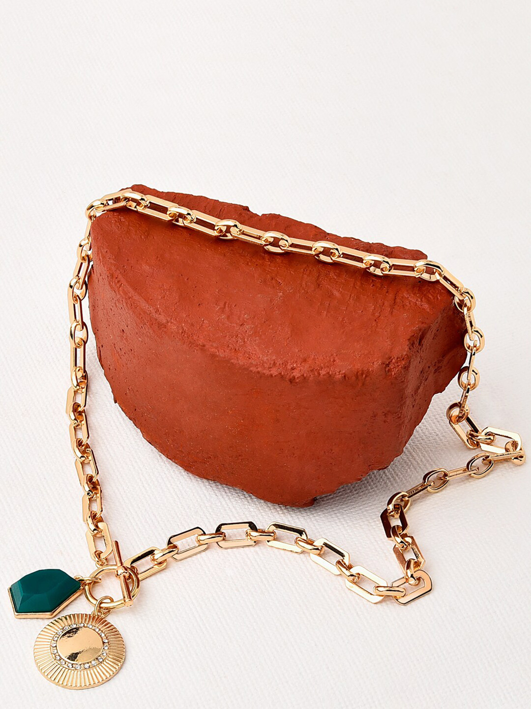 Accessorize London Green & Gold-Toned Brass T Bar & Coin Charm Necklace