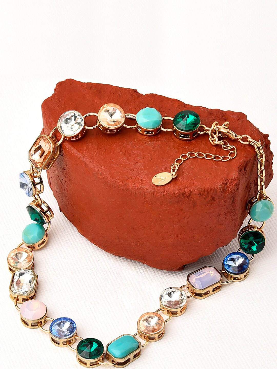 Accessorize Gold-Toned & Green Stone Studded Feel Good Round Gems Collar Necklace