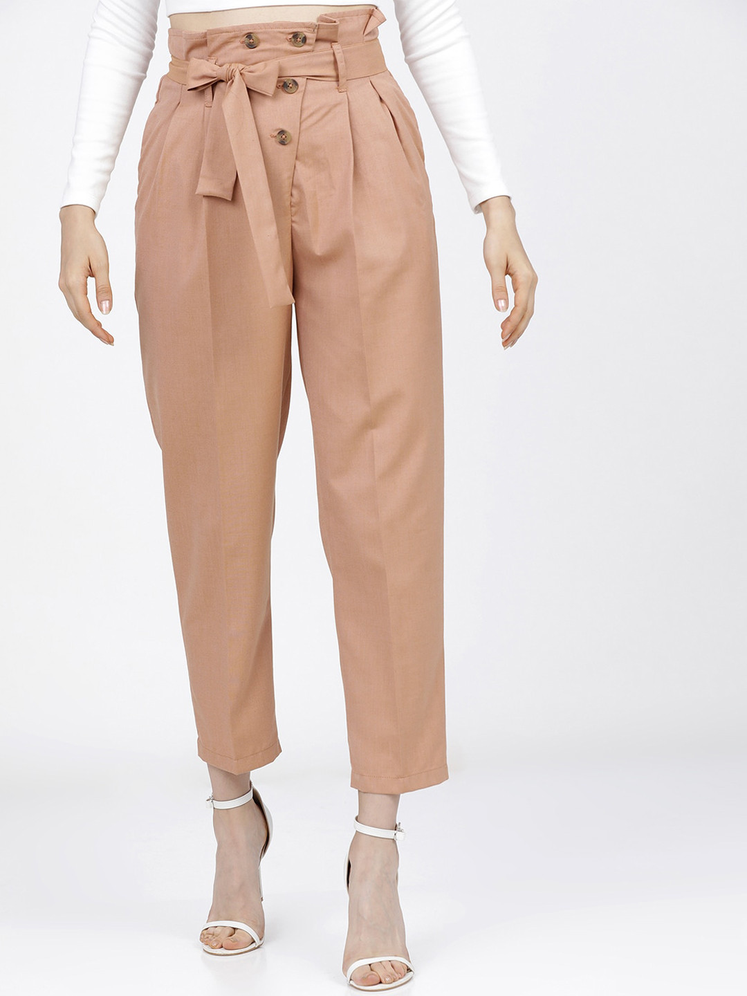 Tokyo Talkies Women Peach-Coloured High-Rise Easy Wash Pleated Peg Trousers