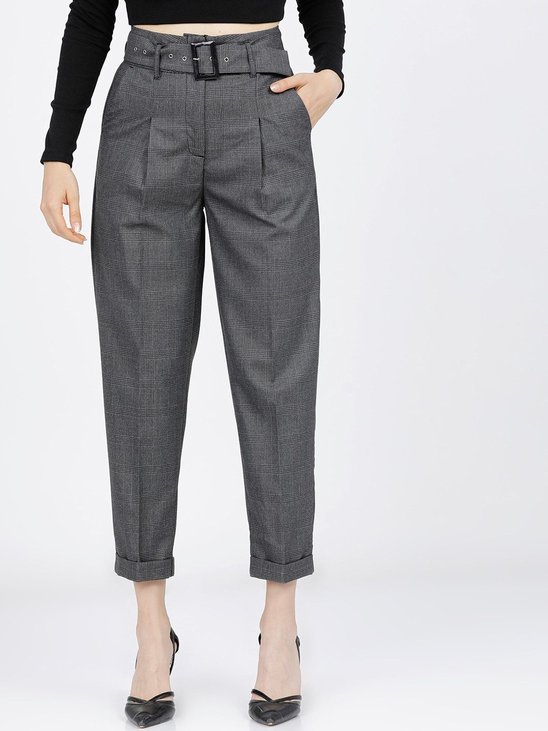 CHIC BY TOKYO TALKIES Women Grey High-Rise Easy Wash Pleated Peg Trousers