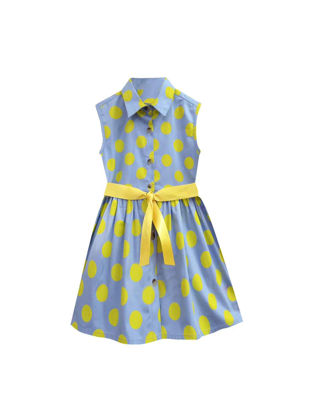 A T U N Blue & Yellow Polka Dots Printed Sleeveless Pure Cotton Dress