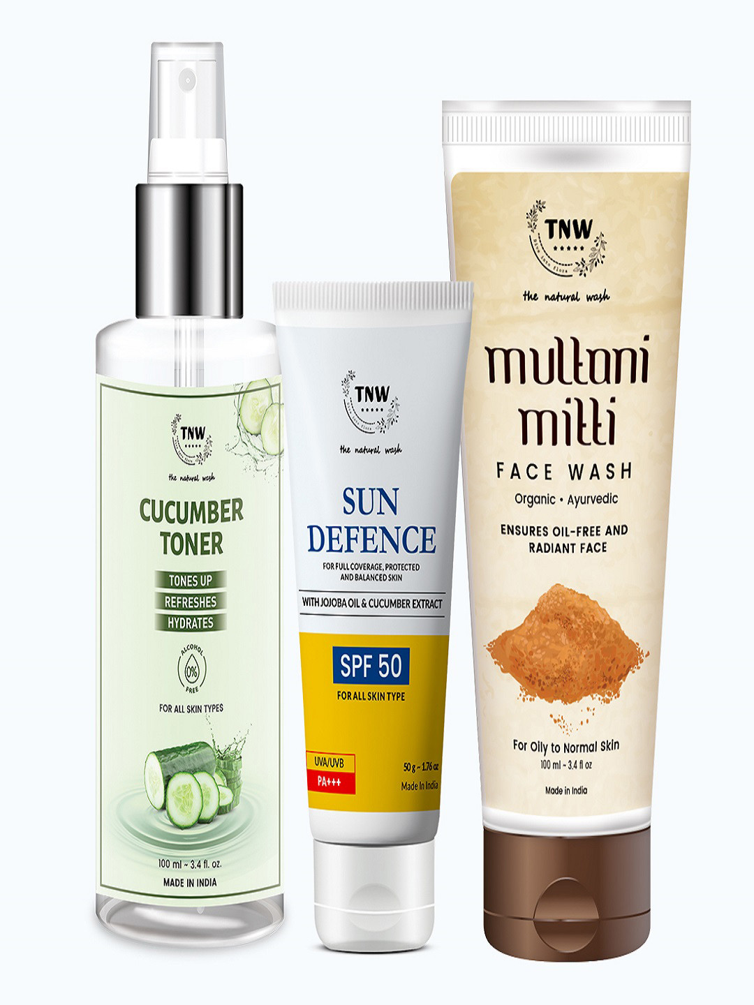 TNW the natural wash Combo Cucumber toner-100mlMultaniMitti face wash-100mlSun Screen-50gm