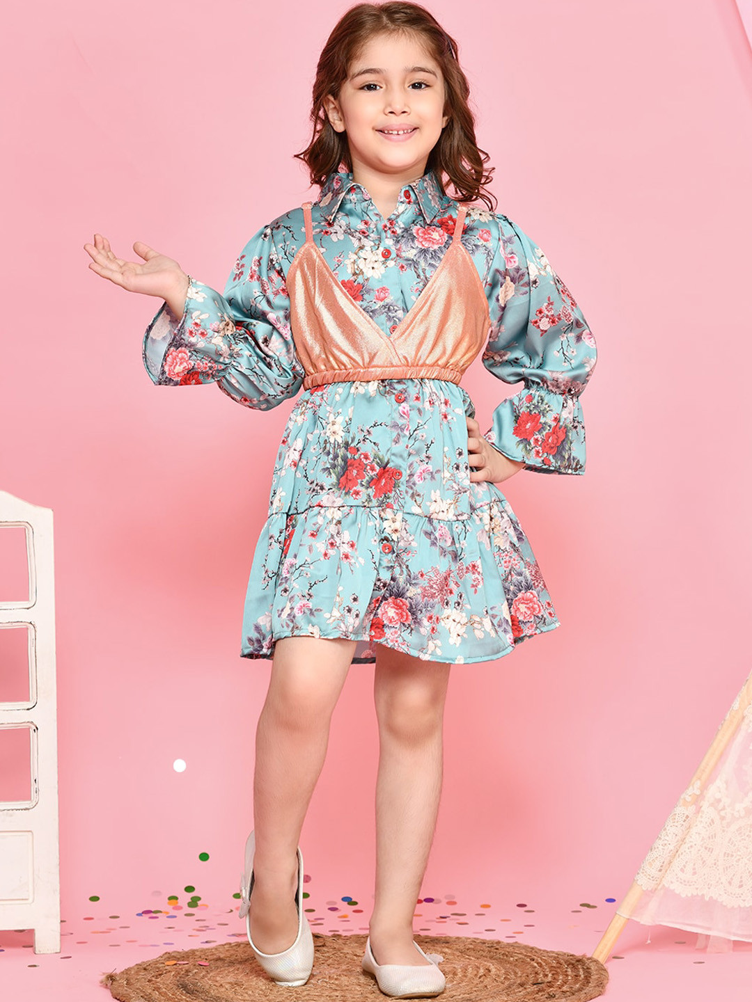LilPicks Girls Blue & White Floral Printed Shirt Dress with Shimmer Crop Top