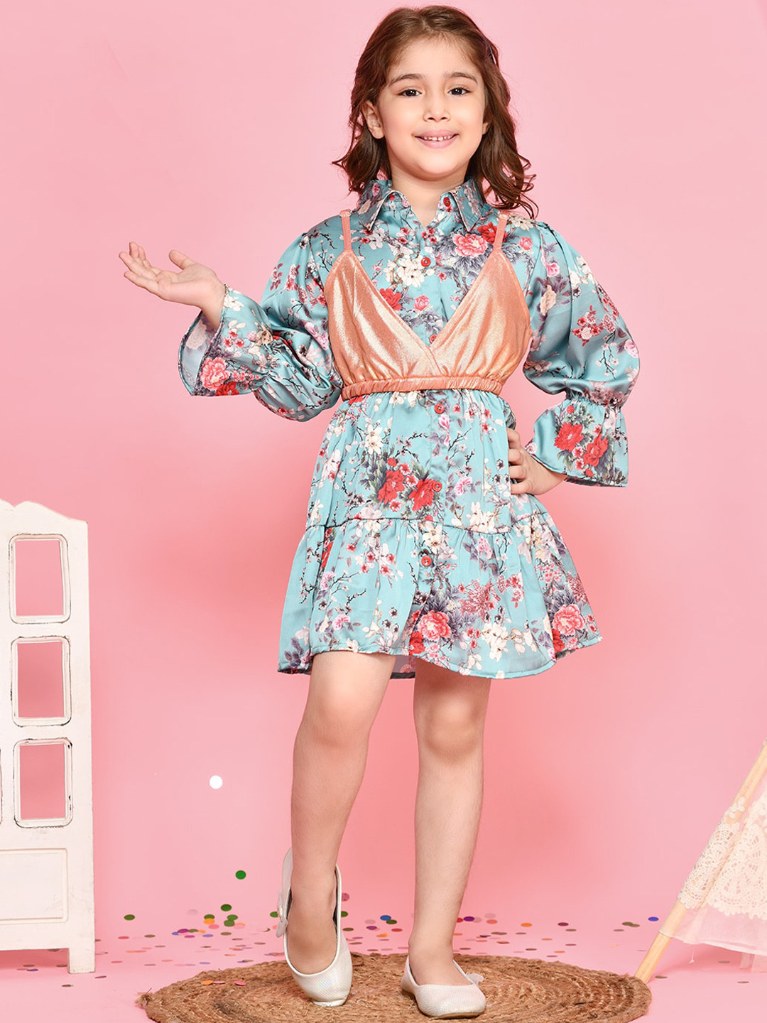 LilPicks Girls Blue & White Floral Printed Shirt Dress with Shimmer Crop Top