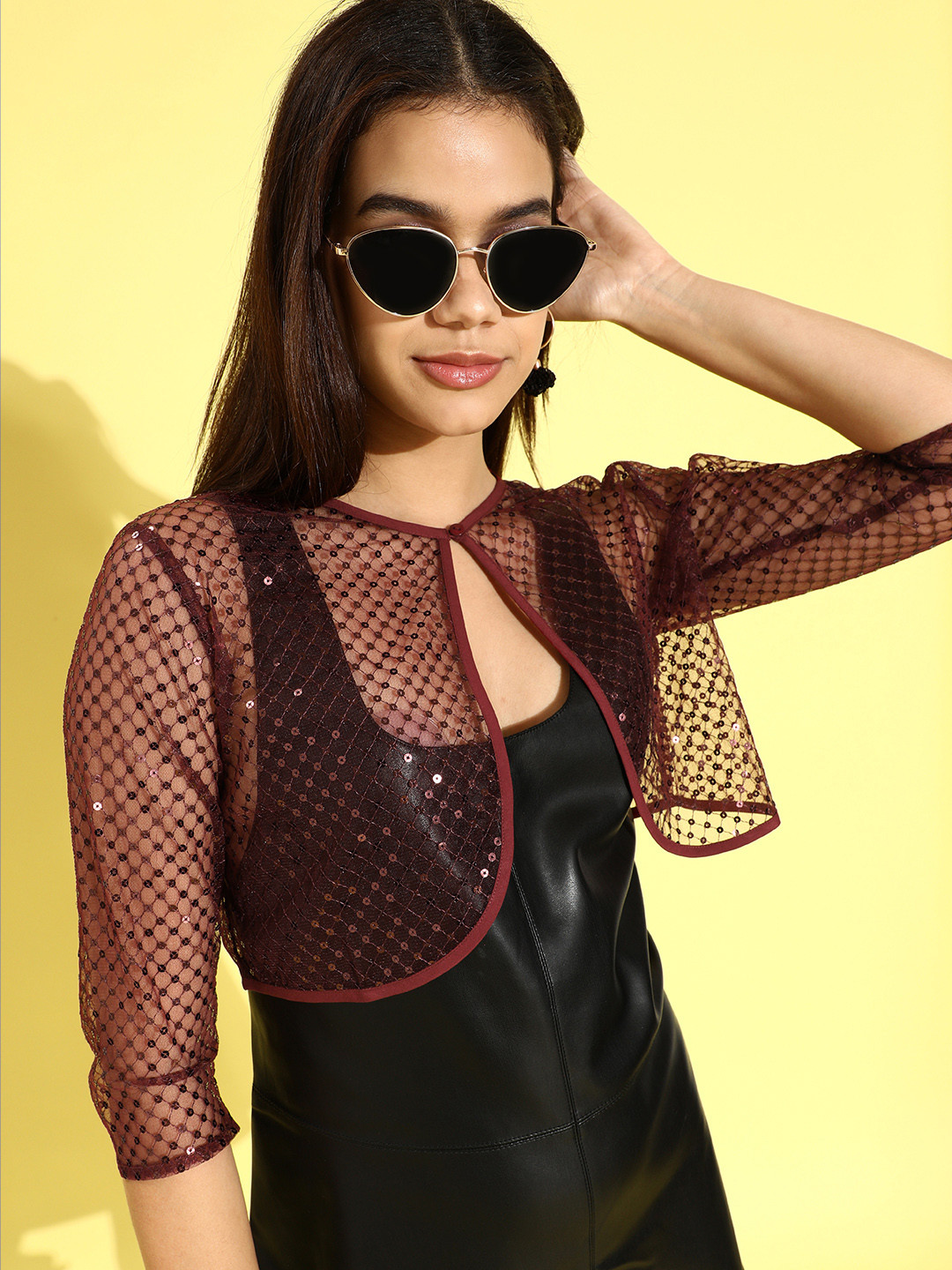 Style Quotient Women Maroon Sequin Crop Sheer Shrug