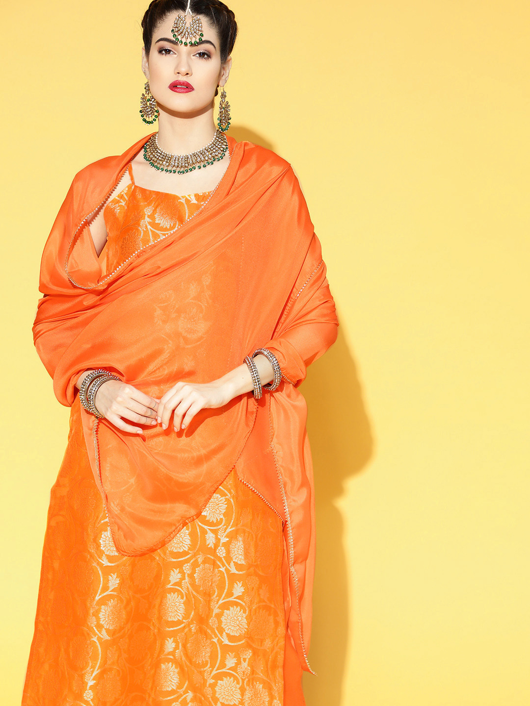 AHIKA Women Orange Floral Woven Design Pure Cotton Kurta with Trousers & With Dupatta