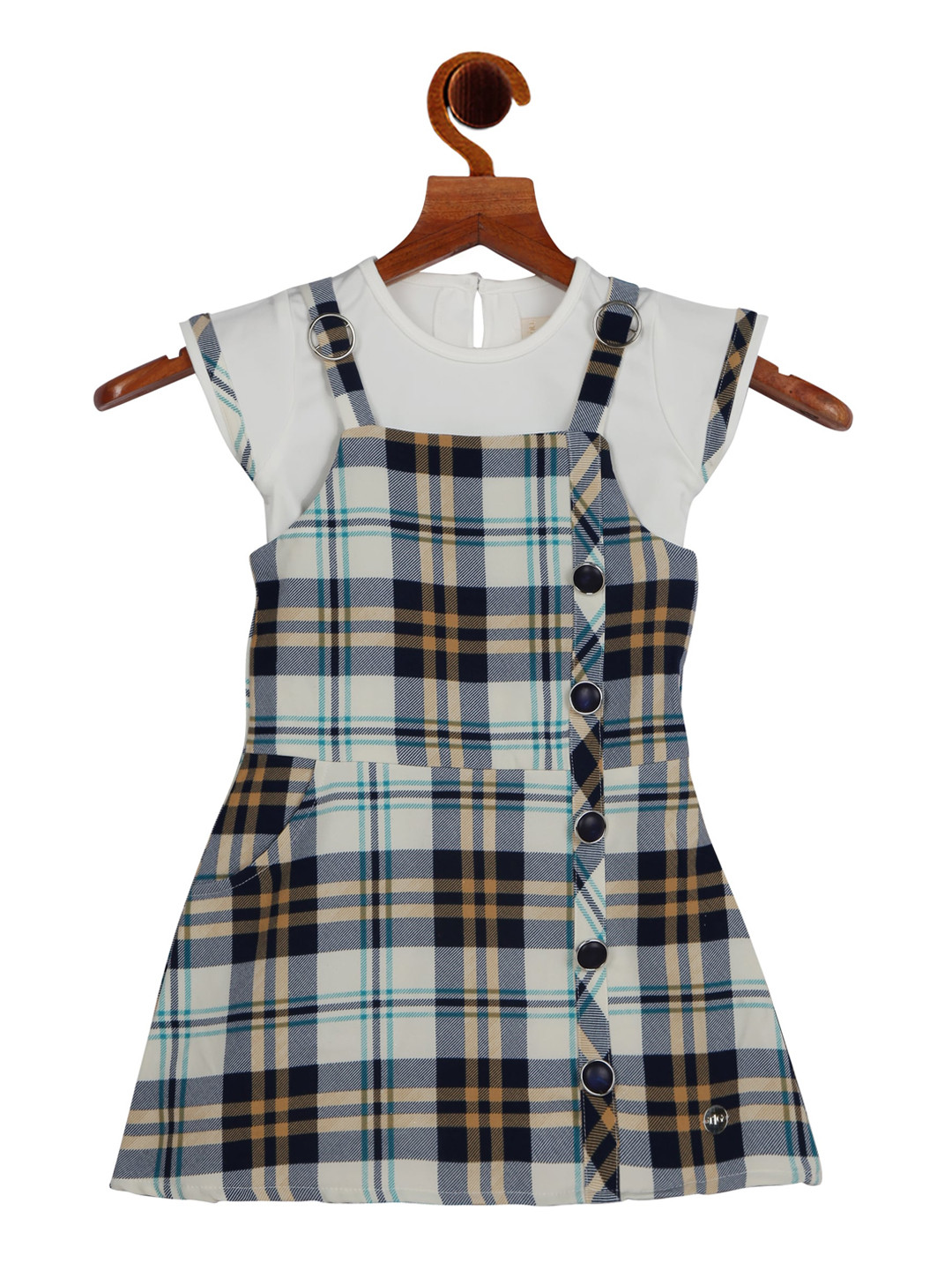 Tiny Girl Cream-Coloured & Blue Checked Pinafore Dress
