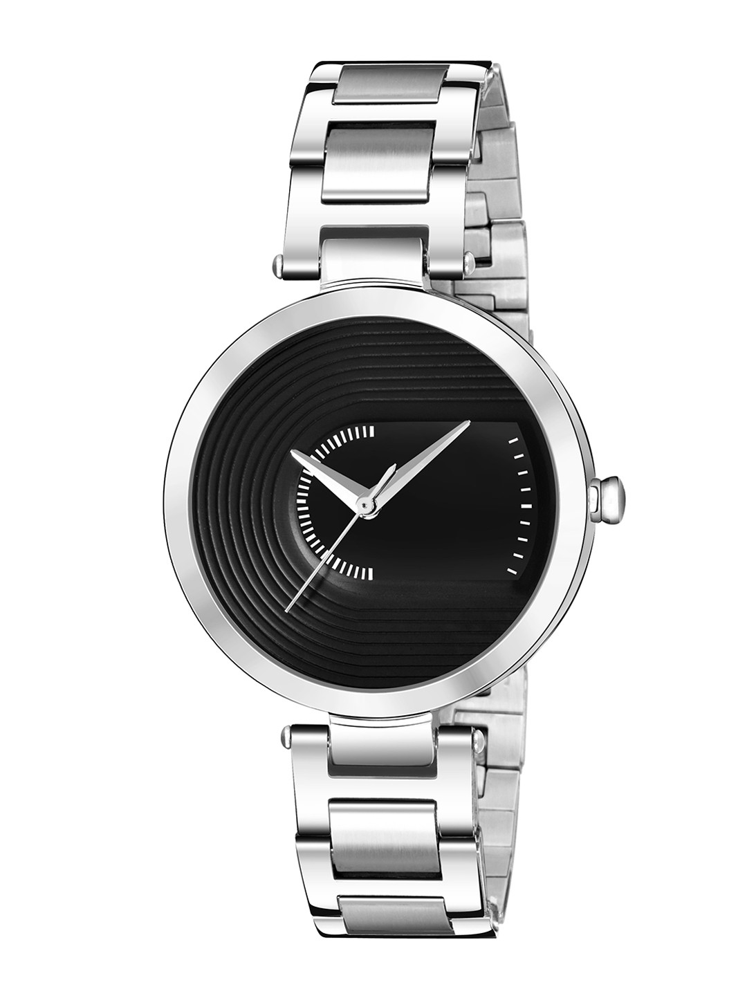 PERCLUTION ENTERPRISE Women Black Dial & Silver Toned Bracelet Style Strap Analogue Watch