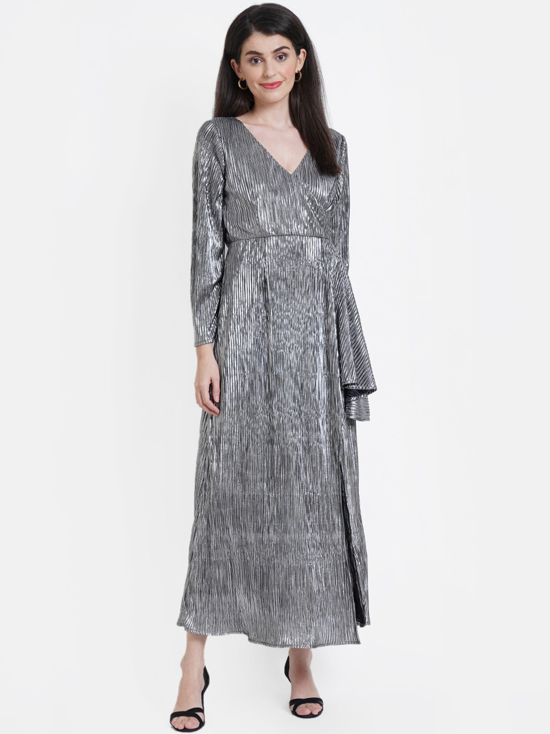 DODO & MOA Silver Pleated Maxi Dress with Side Knot Details