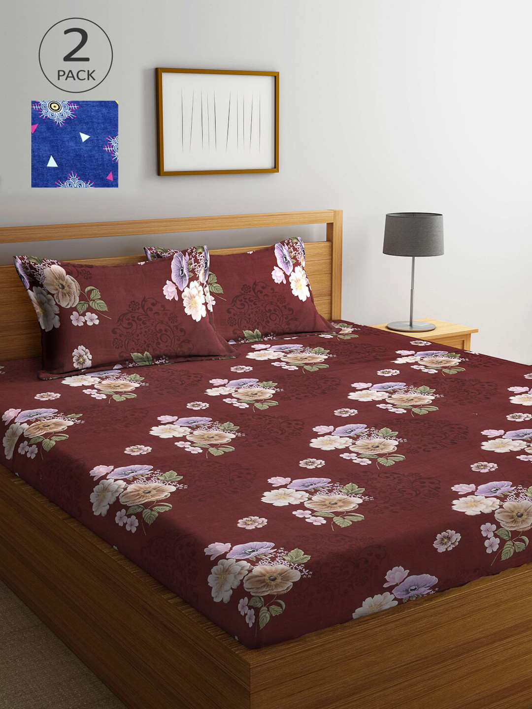 Arrabi Blue & Maroon Floral 300 TC 2 King Bedsheets with 4 Pillow Covers