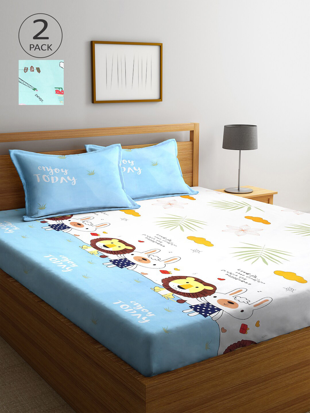 Arrabi Multicoloured Conversational Polycotton 300 TC King Fine 2 Bedsheet with 4 Pillow Covers-98 x 87 inches