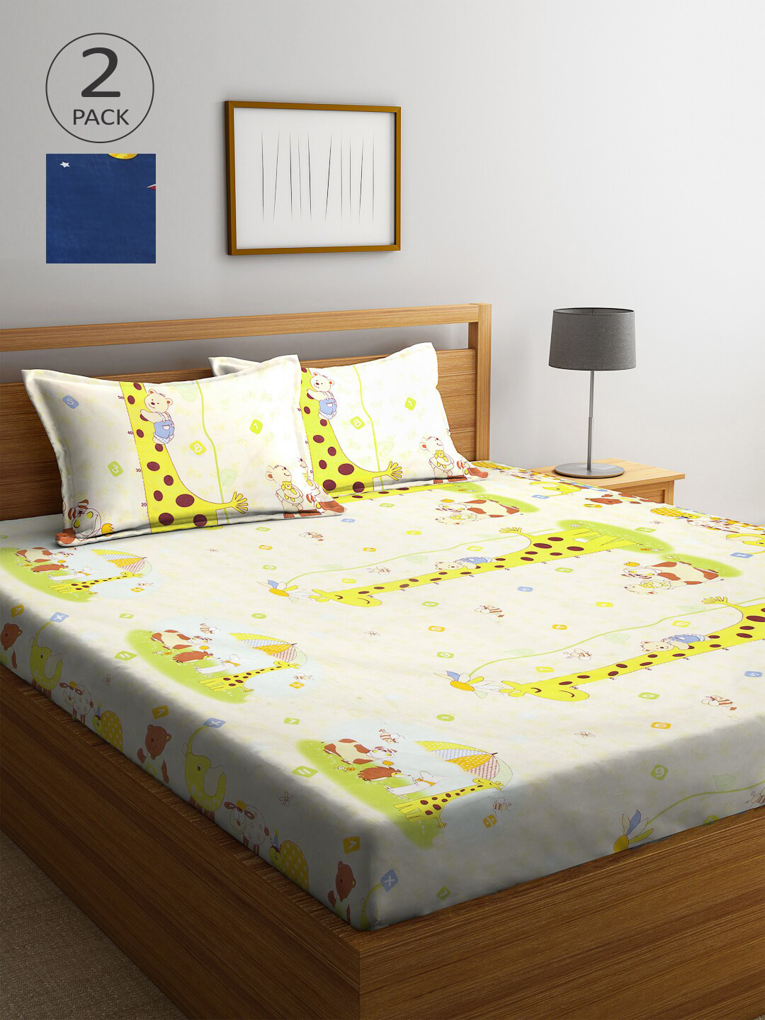 Arrabi Multicoloured Conversational Polycotton 300 TC King Fine 2 Bedsheet with 4 Pillow Covers-250 x 225 cm