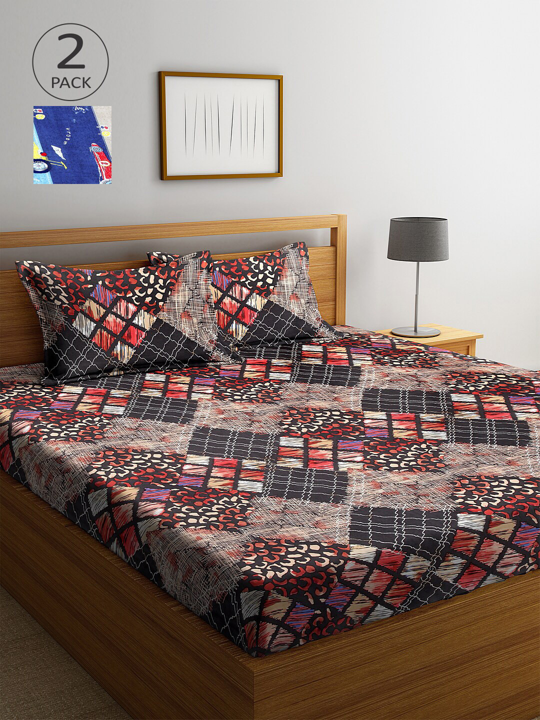 Arrabi Black Graphic Polycotton 300 TC King Fine 2 Bedsheet with 4 Pillow Covers-98 x 89 inches