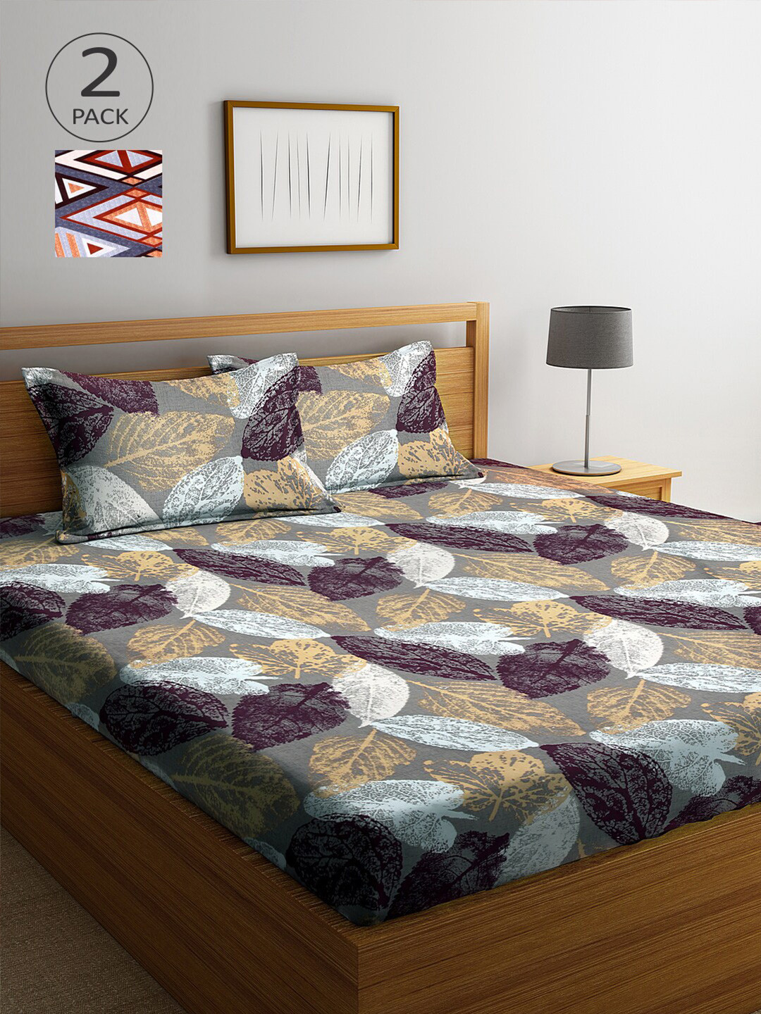 Arrabi Multicoloured Leaf Polycotton 300 TC King Fine 2 Bedsheet with 4 Pillow Covers-98 x 89 inches