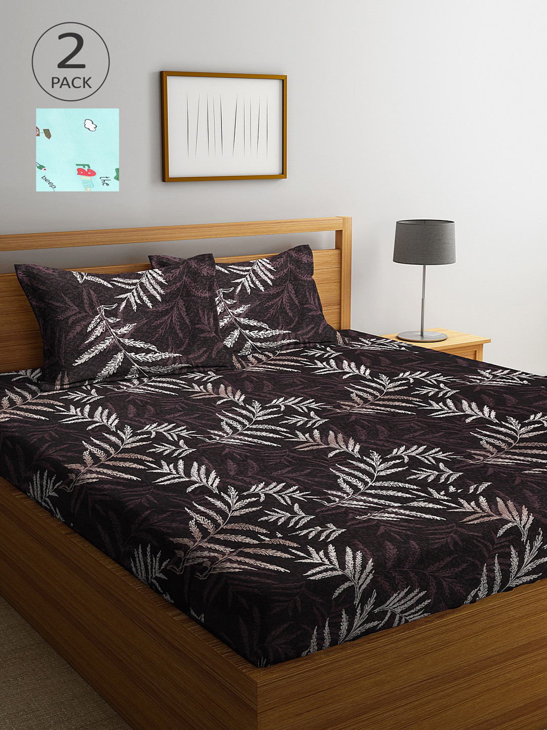 Arrabi Brown Floral Polycotton 300 TC King Fine 2 Bedsheet with 4 Pillow Covers-98 x 89 inches