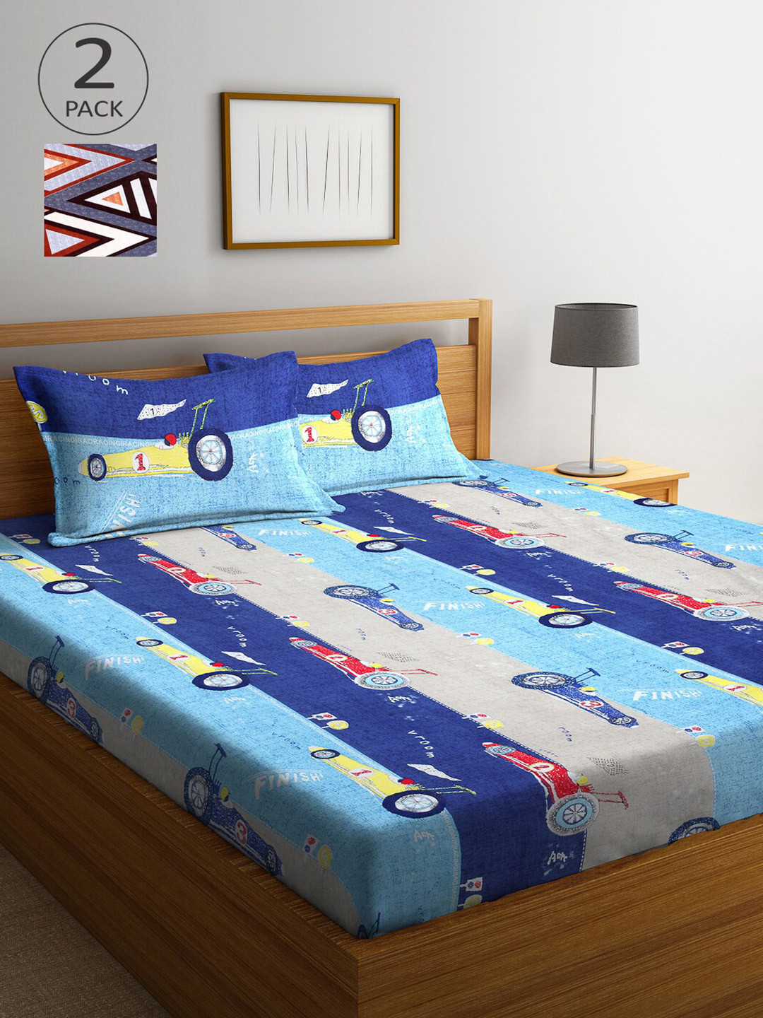 Arrabi Blue Graphic Polycotton 300 TC King Fine 2 Bedsheet with 4 Pillow Covers-98 x 886 inches
