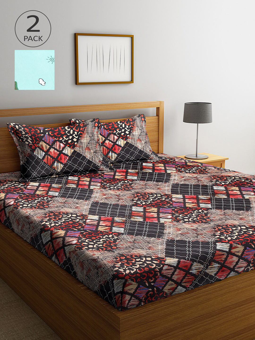 Arrabi Sea Green Abstract Polycotton 300 TC King Fine 2 Bedsheet with 4 Pillow Covers-98 x 89 inches