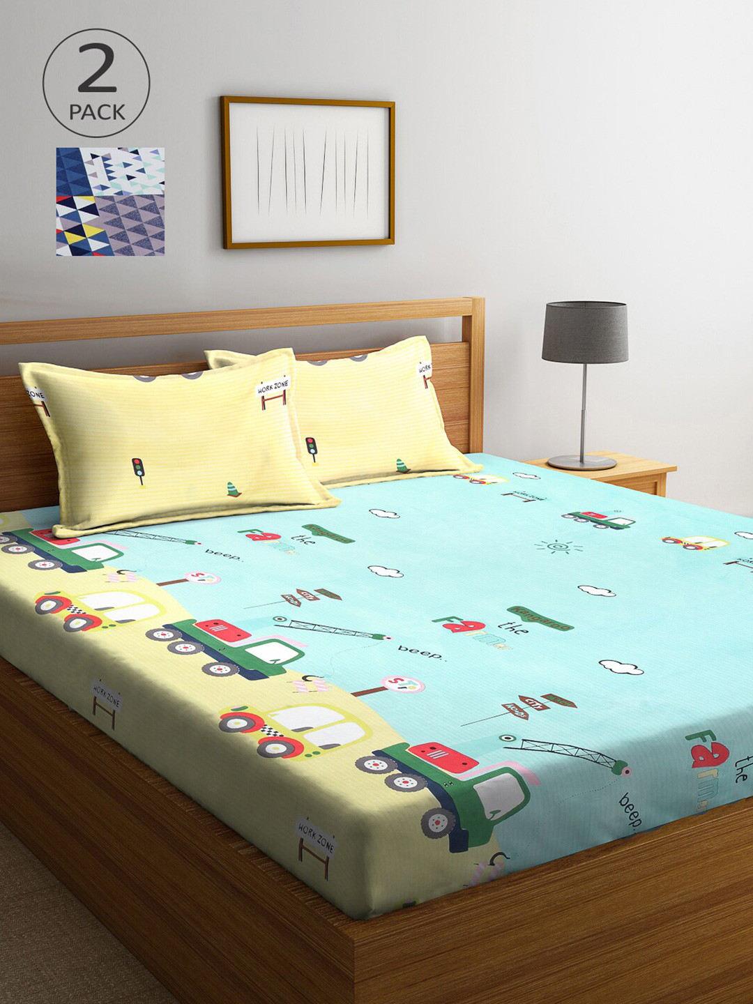 Arrabi Sea Green Conversational Polycotton 300 TC King Fine 2 Bedsheet with 4 Pillow Covers-100 x 108 inches