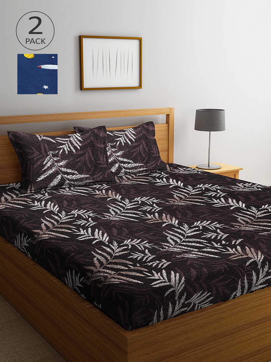 Arrabi Purple Leaf Cotton 300 TC King Fine 2 Bedsheet with 4 Pillow Covers-98 x 89 inches