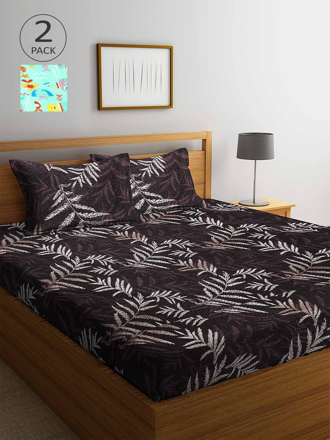 Arrabi Green Leaf Cotton 300 TC King Fine 2 Bedsheet with 4 Pillow Covers-250 X 225 cm