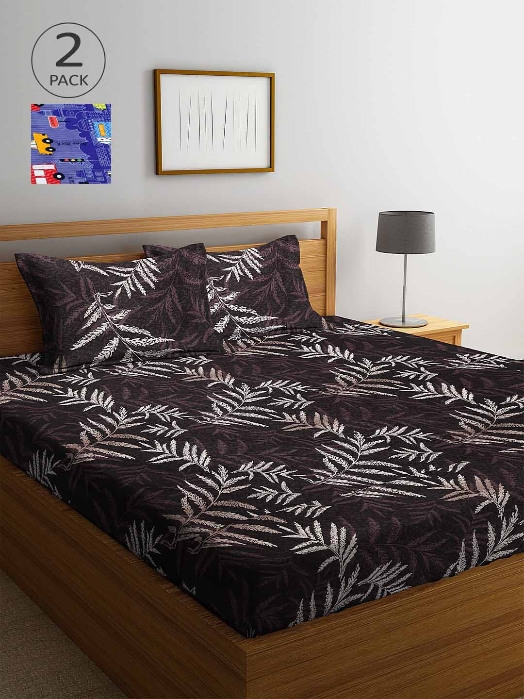 Arrabi Multicoloured Leaf Cotton 300 TC King Fine 2 Bedsheet with 4 Pillow Covers-98 x 89 inches