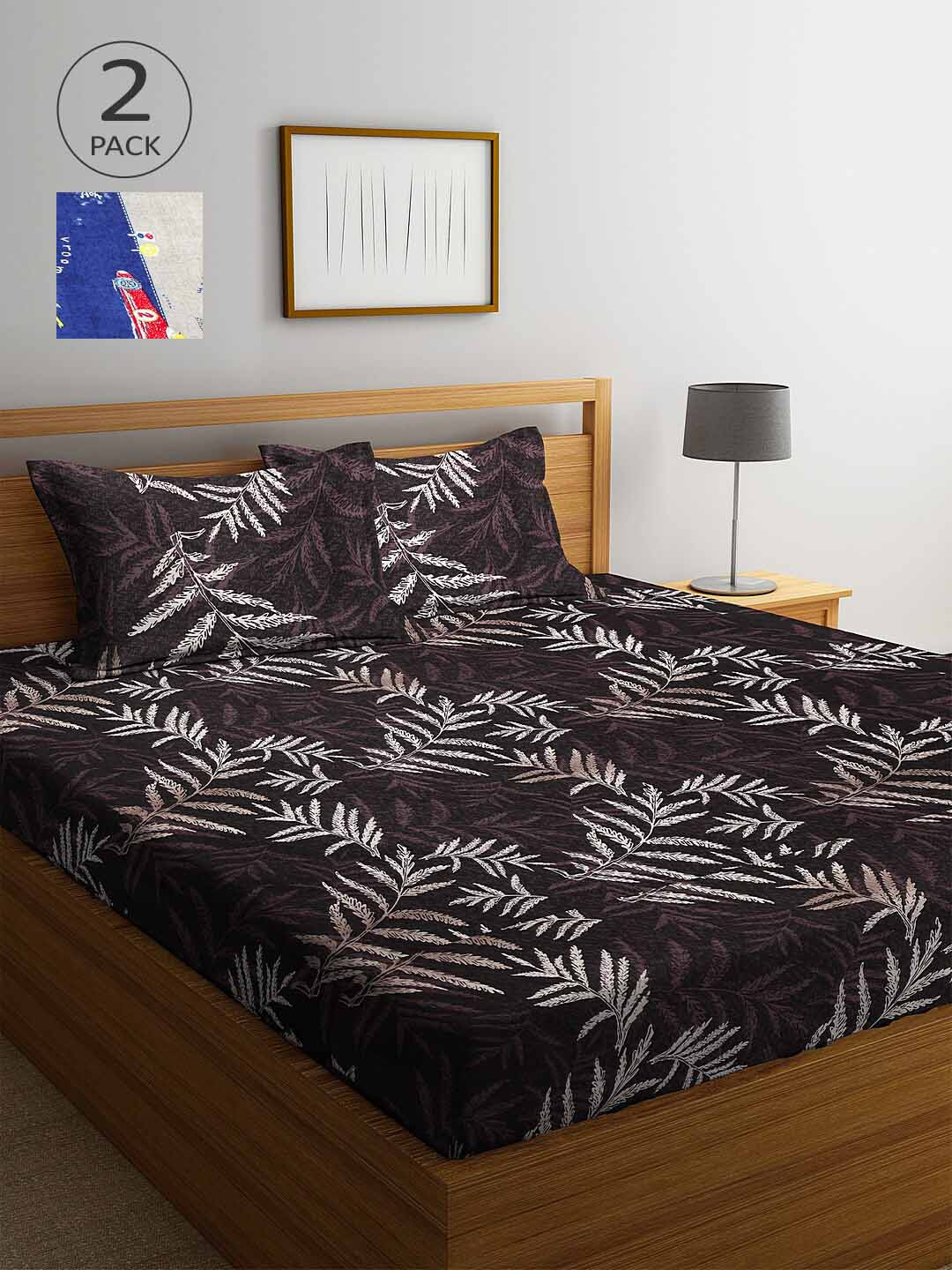 Arrabi Brown Leaf Cotton 300 TC King Fine 2 Bedsheet with 4 Pillow Covers-250 x 225 cm