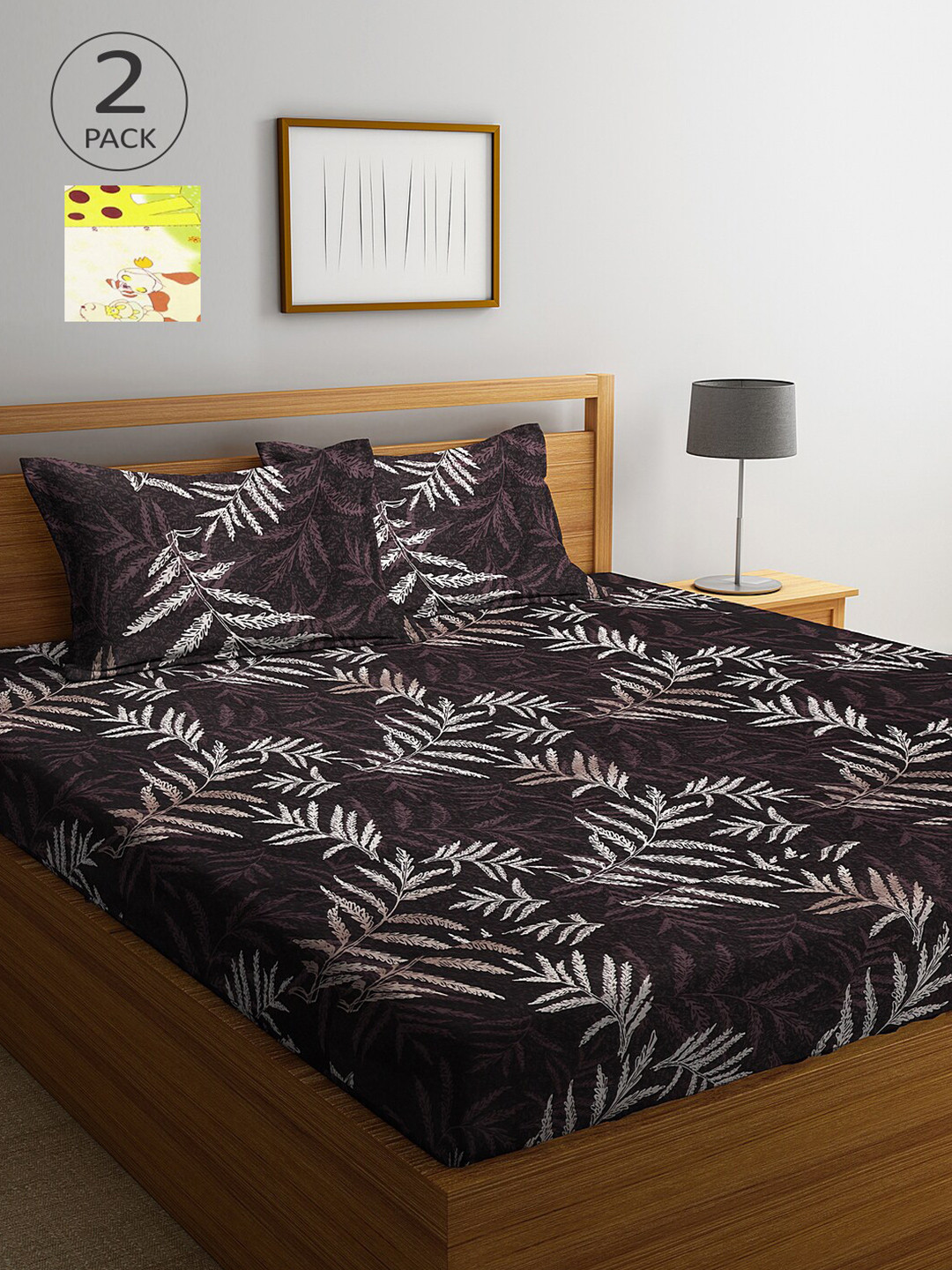 Arrabi Yellow Leaf Cotton 300 TC King Fine 2 Bedsheet with 4 Pillow Covers-250 x 225 cm