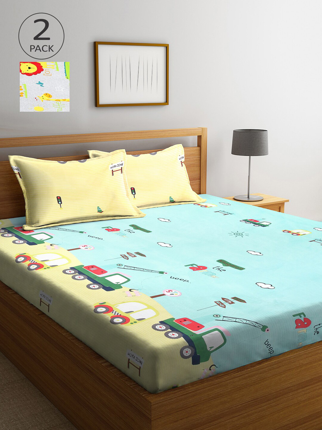 Arrabi Turquoise Blue Graphic Polycotton 300 TC Double Fine 2 Bedsheet with 4 Pillow Covers-98 x 106 inches