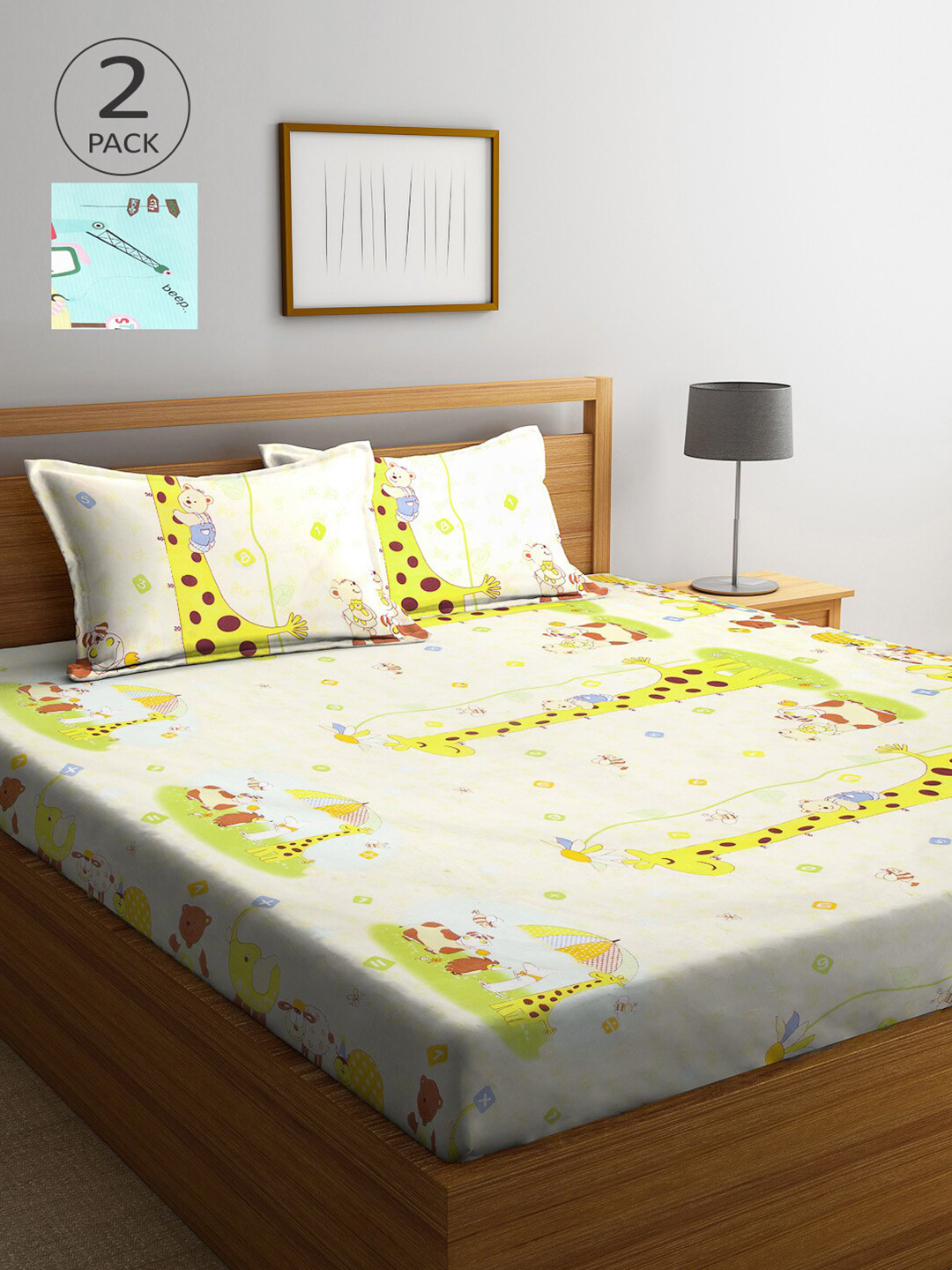 Arrabi Green Animal Polycotton 300 TC King Fine 2 Bedsheet with 4 Pillow Covers-100 x 108 inches