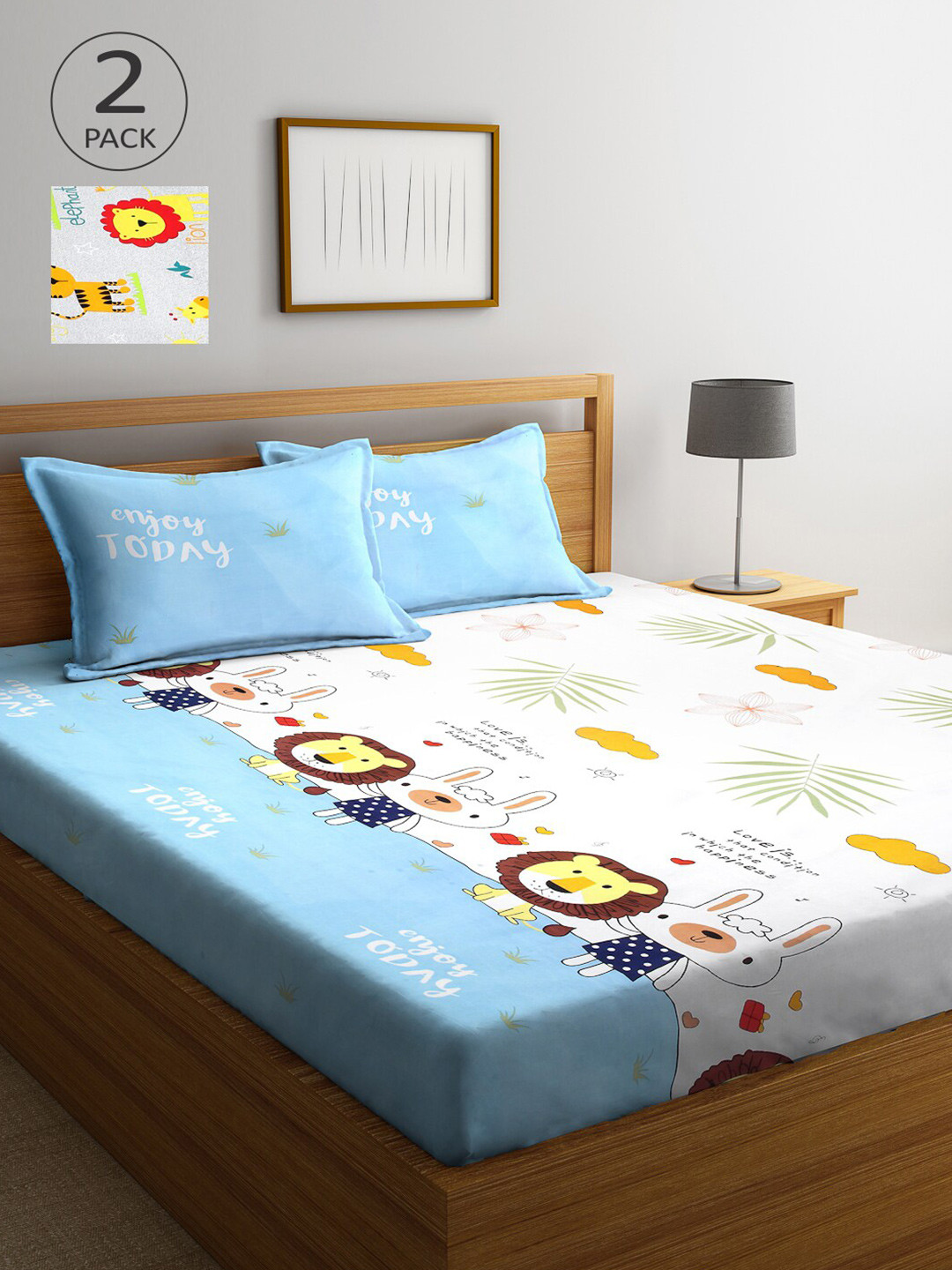 Arrabi Grey Cartoon Characters Cotton 300 TC King Fine 2 Bedsheet with 4 Pillow Covers-98 x 89 inches