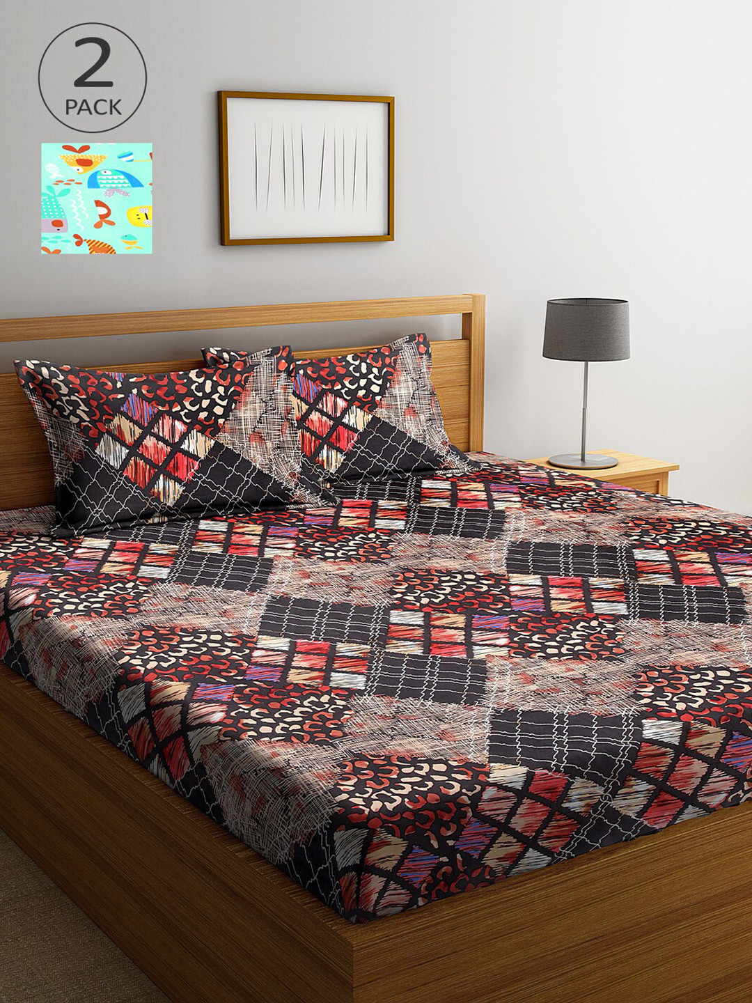 Arrabi Black Ethnic Motifs Polycotton 300 TC King Fine 2 Bedsheet with 4 Pillow Covers-98 x 89 inches