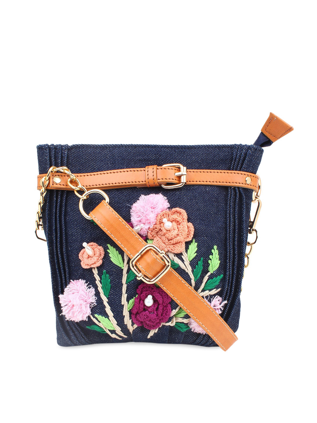 Spice Art Women Navy Blue Denim Thread Embroidered Waist Pouch