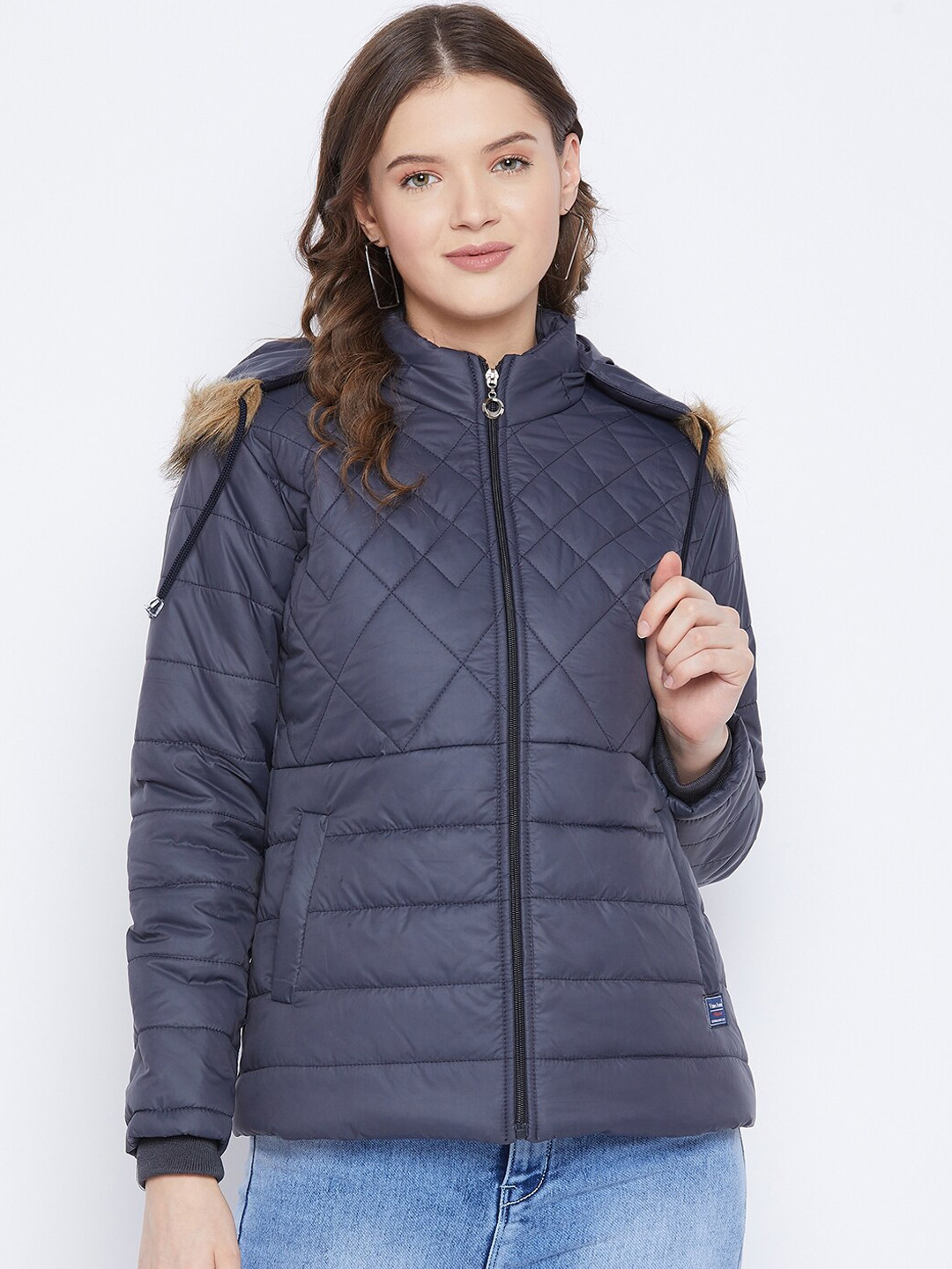 VERO AMORE Women Navy Blue Insulator Padded Jacket With Detachable Hood
