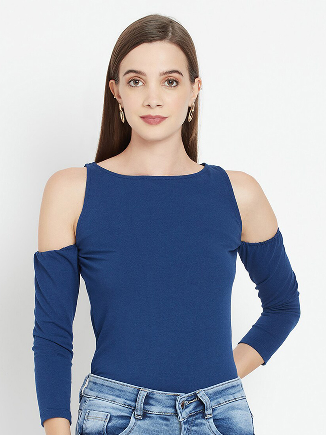 iki chic Navy Blue Solid Cold Shoulder Sleeve Top