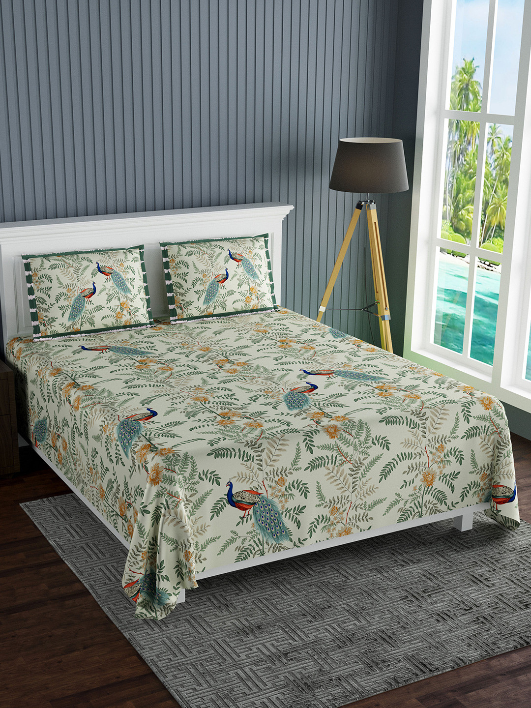 LIVING ROOTS Green Floral Cotton Breathable 180 TC King Fine Bedsheet with 2 Pillow Covers-85 x 103 inches