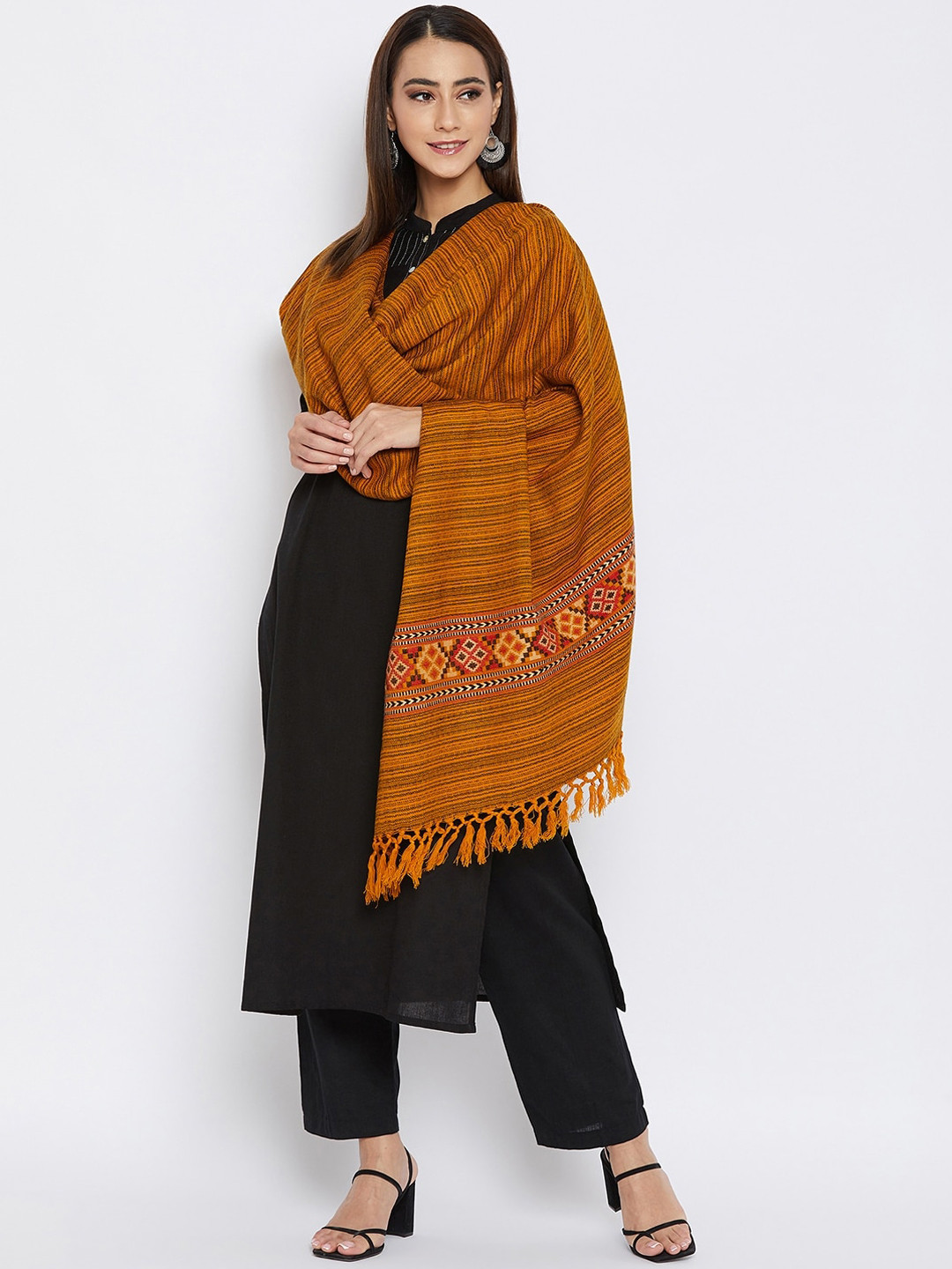 VERO AMORE Women Mustard Orange & Black Striped Woollen Jacquard Shawl