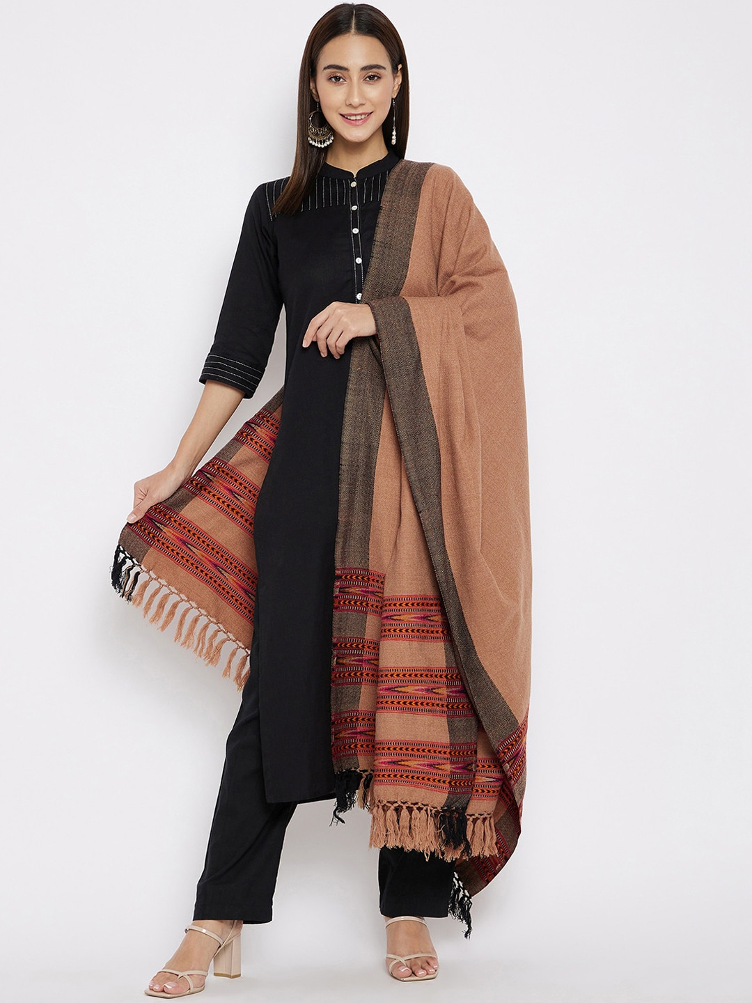 VERO AMORE Women Camel Brown & Orange Woven-Design Jacquard Shawl
