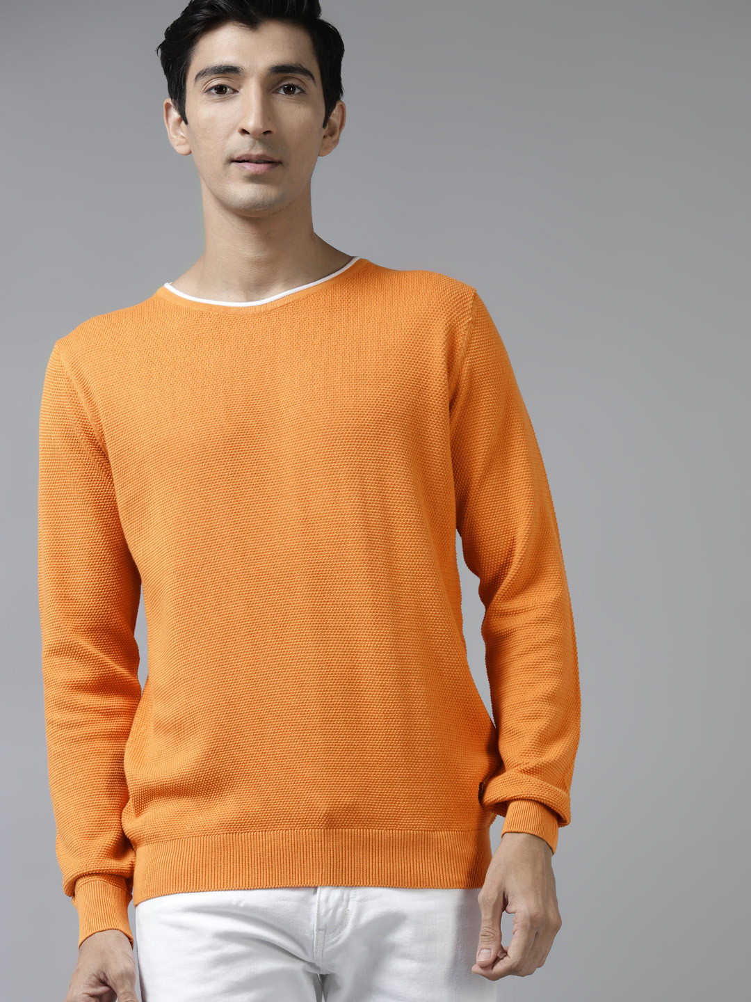 Blackberrys Men Orange Pure Cotton Textured Pullover