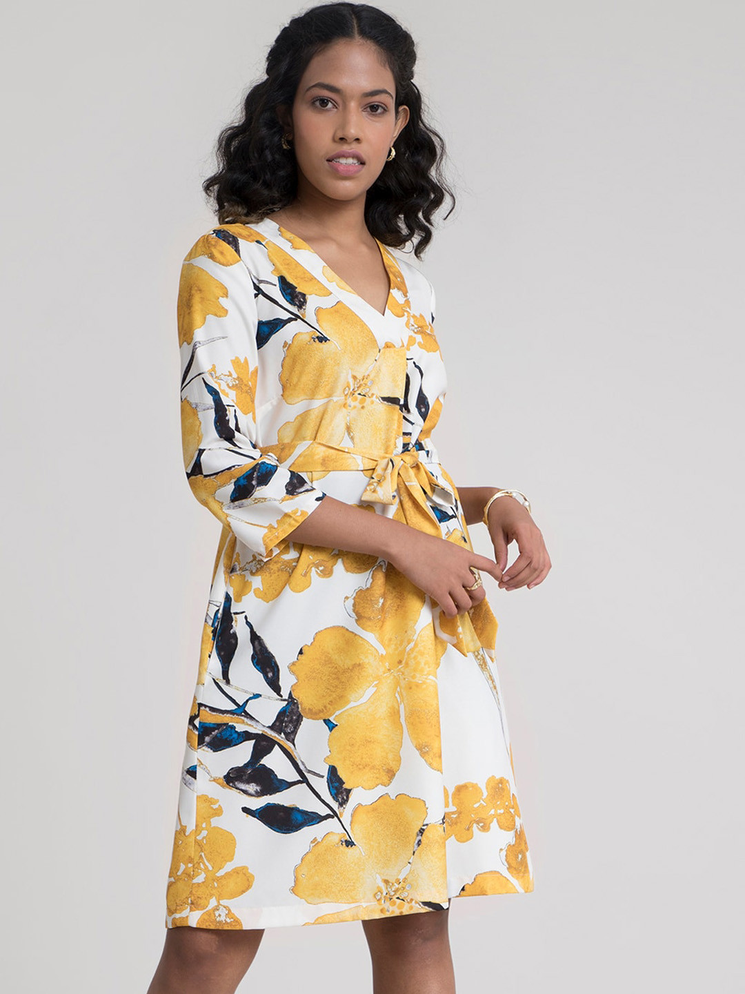 FableStreet Mustard Yellow Floral A-Line Dress
