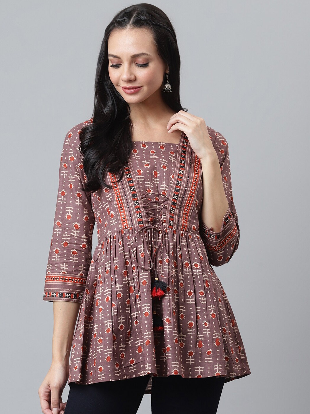 Buy QOMN Brown Orange Floral Pure Cotton Peplum Top Tops for Women 15771216 Myntra
