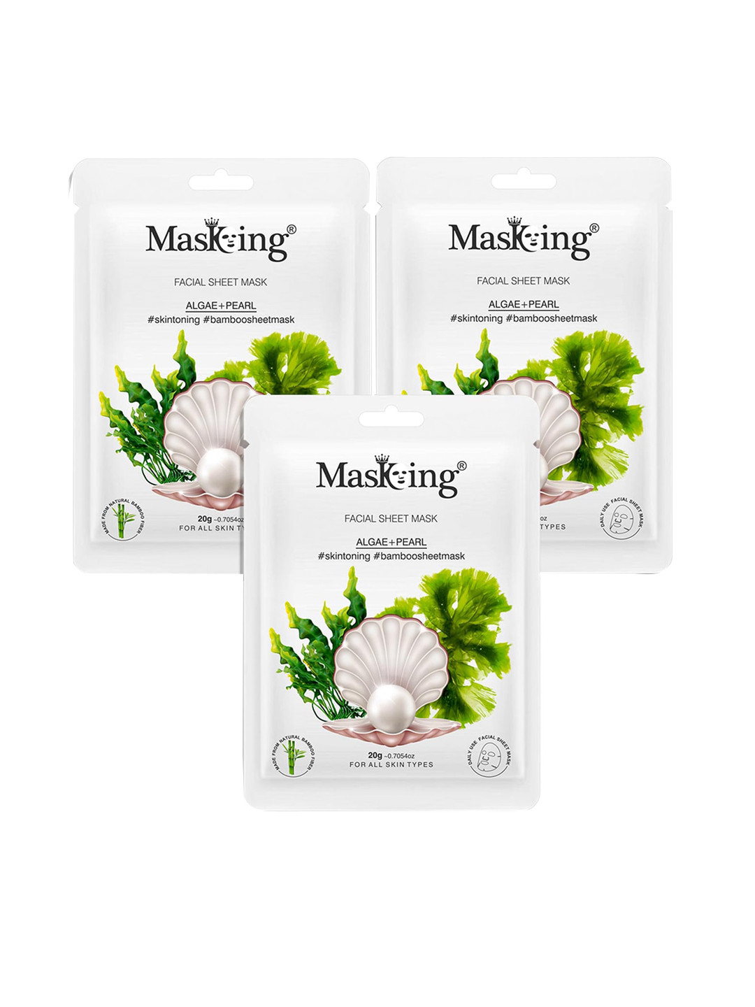 MasKing Unisex Pack of 3 Algae & Pearl Facial Sheet Mask