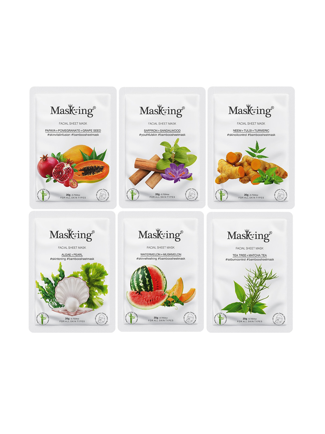 MasKing Unisex Pack Of 6 Algae & Tea Tree Bamboo Facial Sheet Masks - 120 ml
