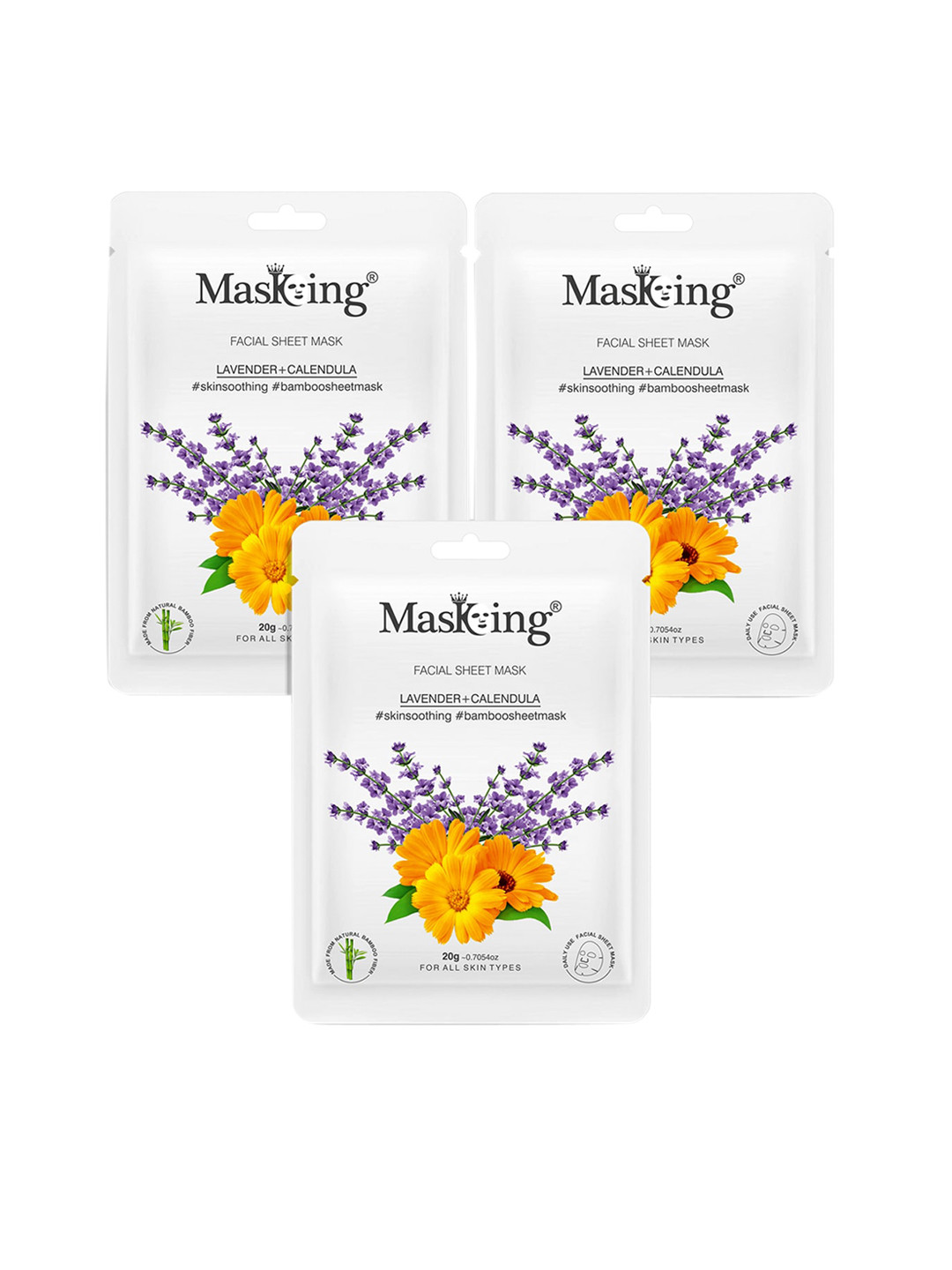 MasKing Unisex Pack Of 3 Lavender & Calendula Bamboo Facial Sheet Masks - 60 ml