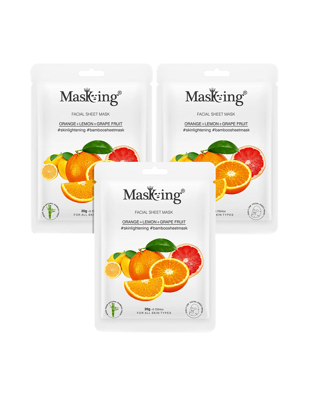 MasKing Pack Of 3 White Bamboo Facial Sheet Mask of Orange Lemon & Grapefruit 60ml
