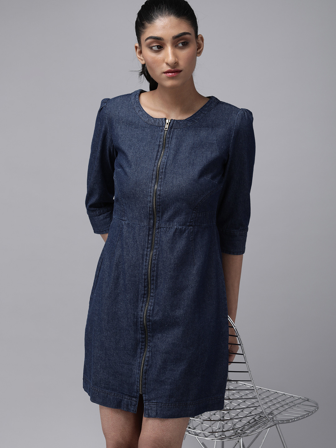 The Roadster Lifestyle Co Women Navy Blue Denim Pure Cotton Sheath Dress