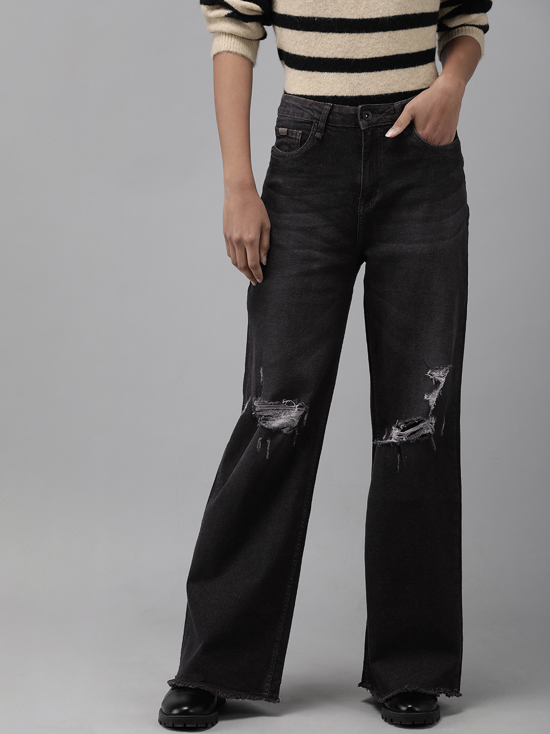 The Roadster Lifestyle Co Women Black Wide Leg High-Rise Highly Distressed Stretchable Jeans